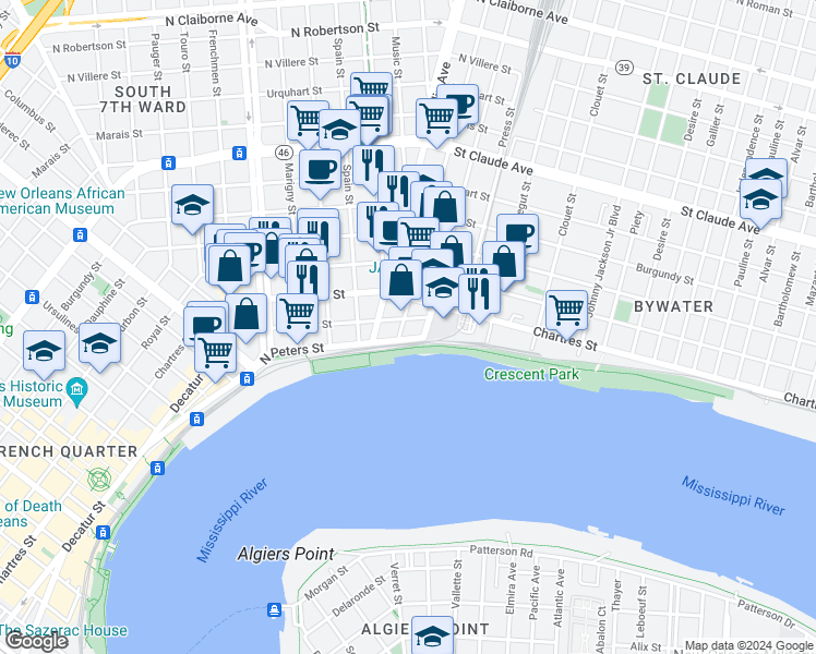 map of restaurants, bars, coffee shops, grocery stores, and more near 2700 North Peters Street in New Orleans