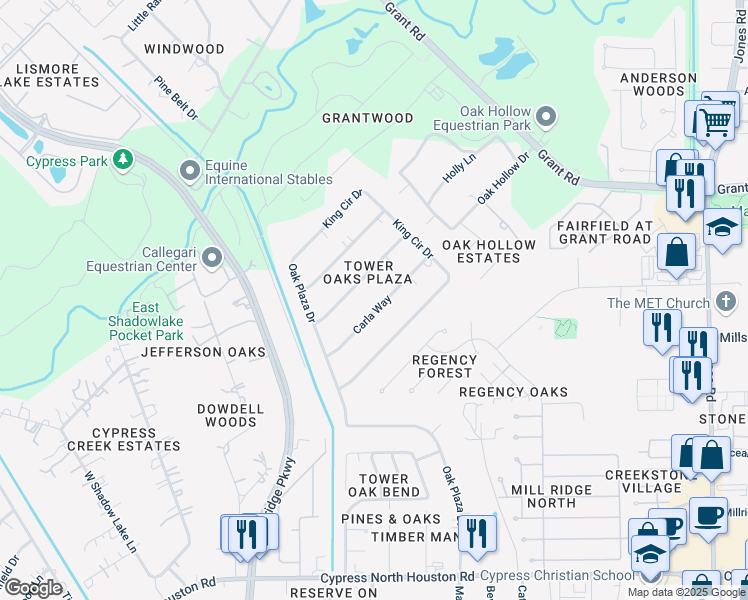 map of restaurants, bars, coffee shops, grocery stores, and more near 13003 Carla Way in Cypress
