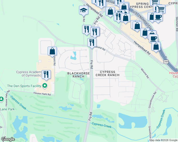 map of restaurants, bars, coffee shops, grocery stores, and more near 26303 Hickory Field Court in Cypress