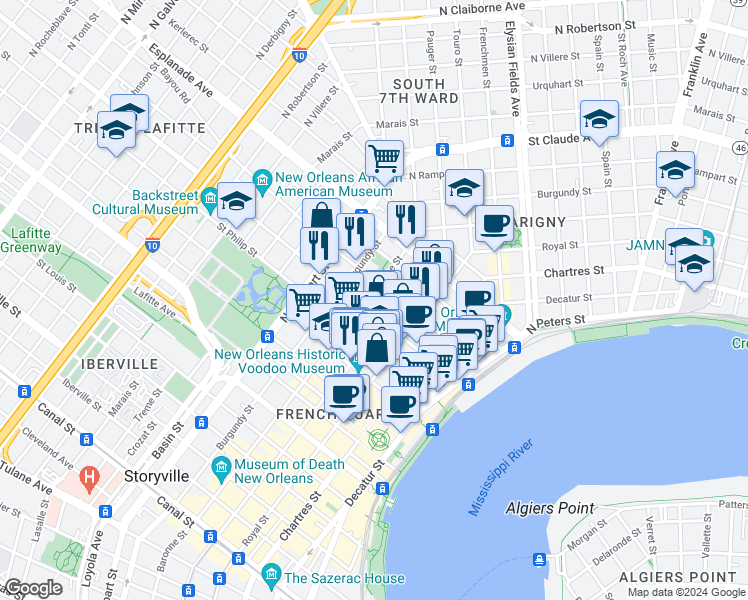 map of restaurants, bars, coffee shops, grocery stores, and more near 1120 Dauphine Street in New Orleans