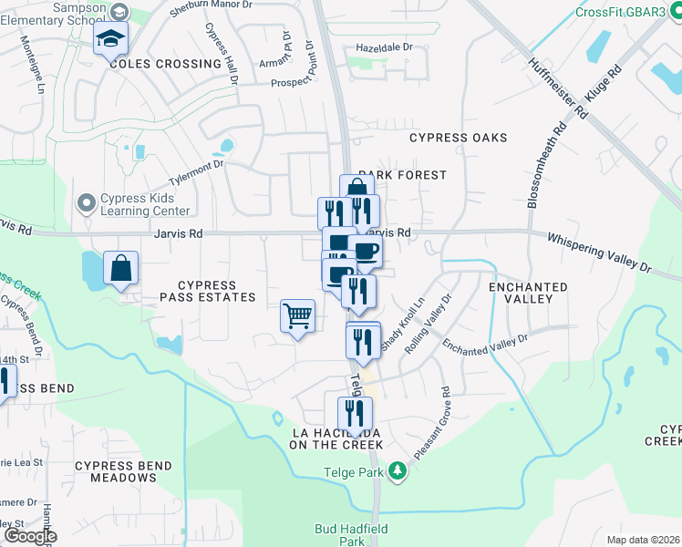 map of restaurants, bars, coffee shops, grocery stores, and more near 12827 Telge Road in Cypress