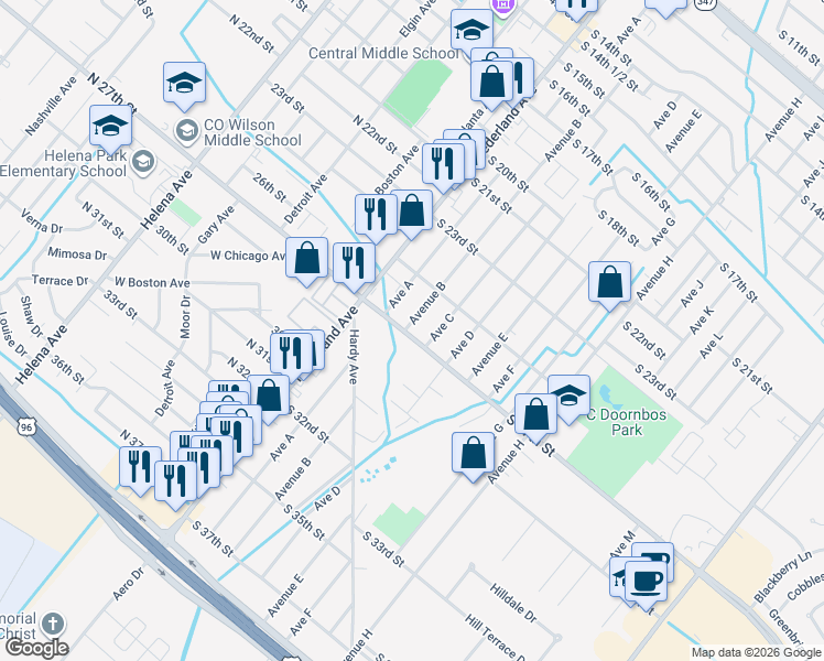 map of restaurants, bars, coffee shops, grocery stores, and more near 2621 Avenue B in Nederland