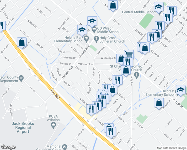 map of restaurants, bars, coffee shops, grocery stores, and more near 3207 Moor Drive in Nederland