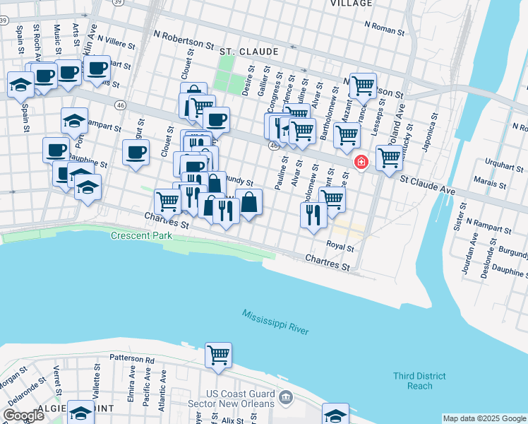 map of restaurants, bars, coffee shops, grocery stores, and more near 715 Independence Street in New Orleans