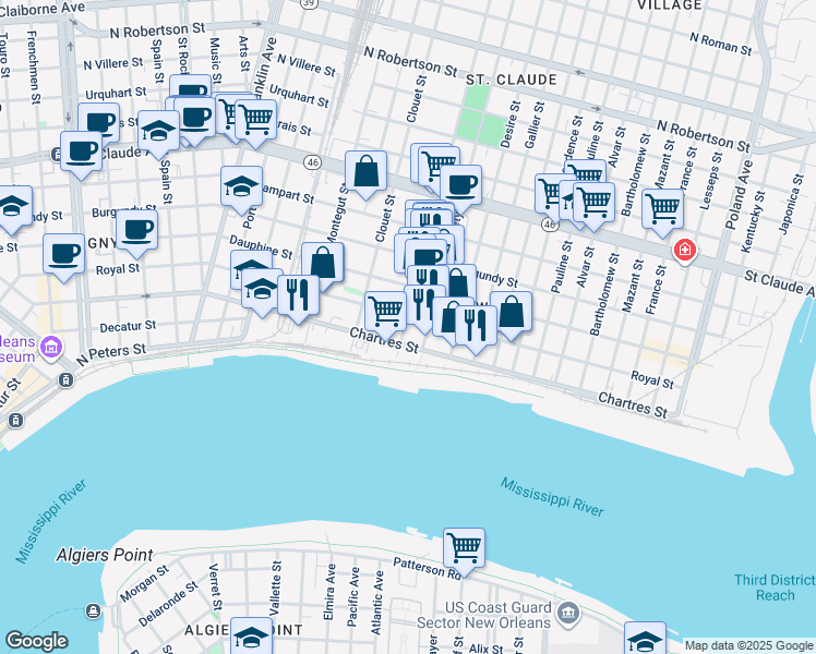 map of restaurants, bars, coffee shops, grocery stores, and more near 619 Louisa Street in New Orleans