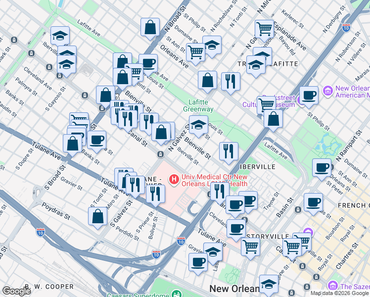 map of restaurants, bars, coffee shops, grocery stores, and more near 2112 Iberville Street in New Orleans