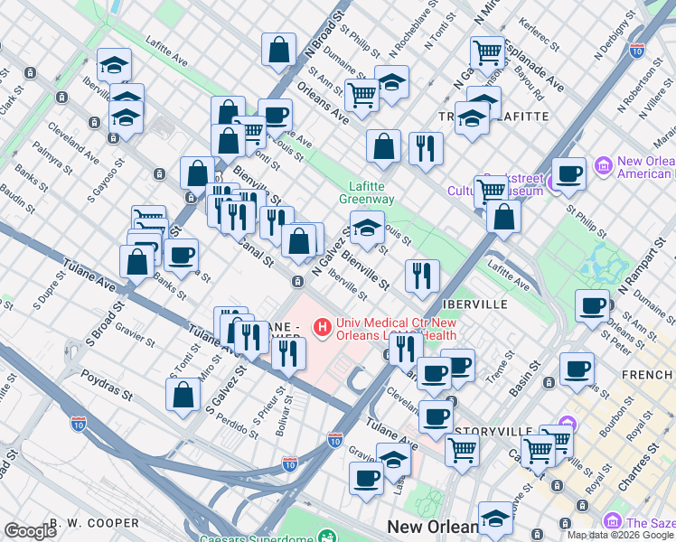 map of restaurants, bars, coffee shops, grocery stores, and more near 2112 Iberville Street in New Orleans