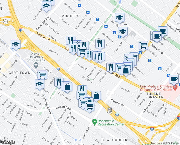 map of restaurants, bars, coffee shops, grocery stores, and more near 3024 Gravier Street in New Orleans