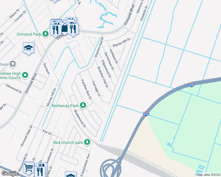 map of restaurants, bars, coffee shops, grocery stores, and more near 55 Brandon Hall Drive in Destrehan