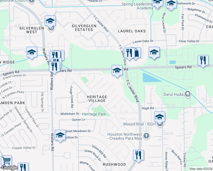 map of restaurants, bars, coffee shops, grocery stores, and more near 2435 Prides Crossing Road in Houston