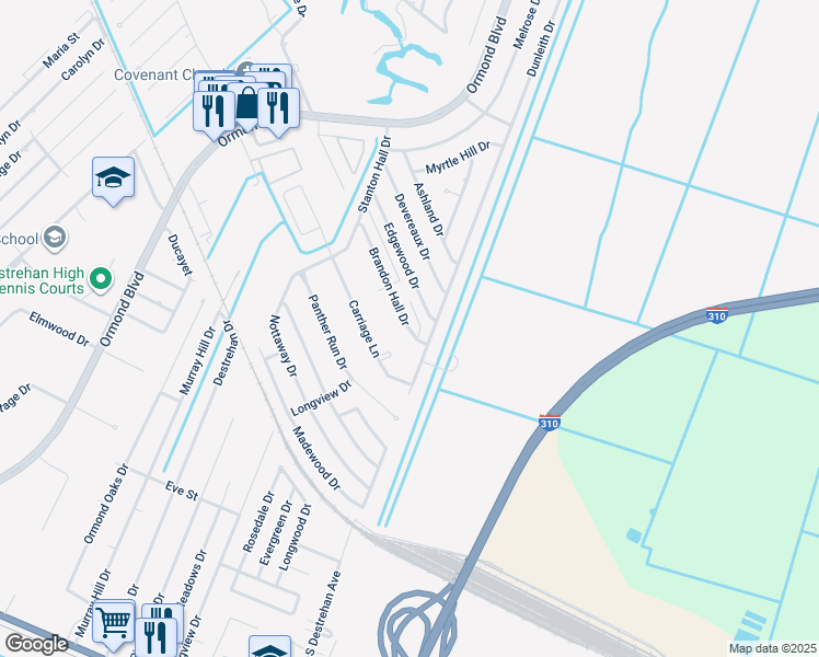 map of restaurants, bars, coffee shops, grocery stores, and more near 55 Brandon Hall Drive in Destrehan