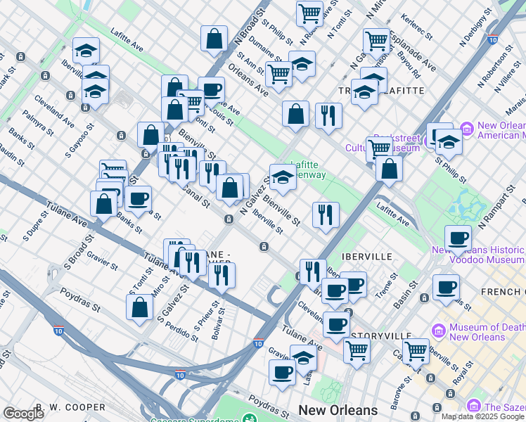 map of restaurants, bars, coffee shops, grocery stores, and more near 2112 Iberville Street in New Orleans