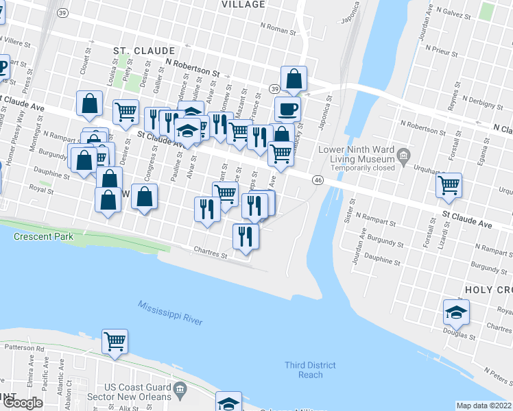 map of restaurants, bars, coffee shops, grocery stores, and more near 4323 Burgundy Street in New Orleans