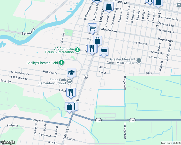 map of restaurants, bars, coffee shops, grocery stores, and more near 1300-1398 South Saint Charles Street in Abbeville