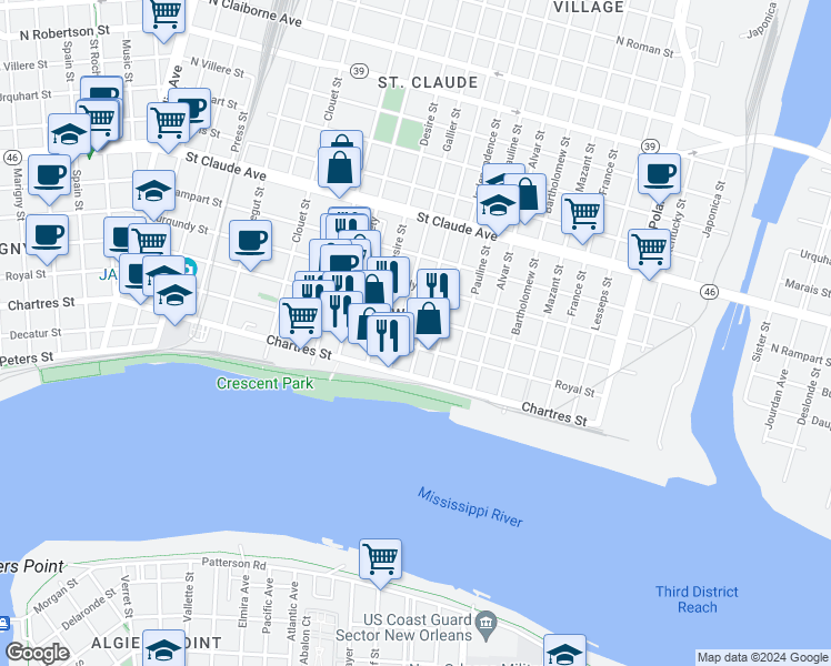 map of restaurants, bars, coffee shops, grocery stores, and more near 718 Congress Street in New Orleans