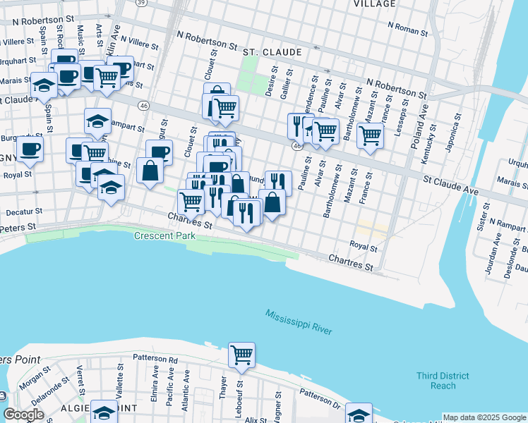 map of restaurants, bars, coffee shops, grocery stores, and more near 716 Congress Street in New Orleans