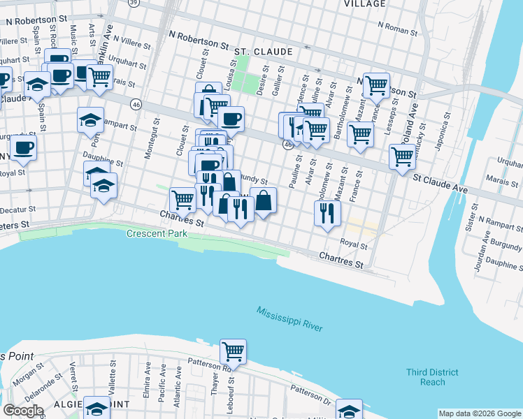 map of restaurants, bars, coffee shops, grocery stores, and more near 725 Congress Street in New Orleans