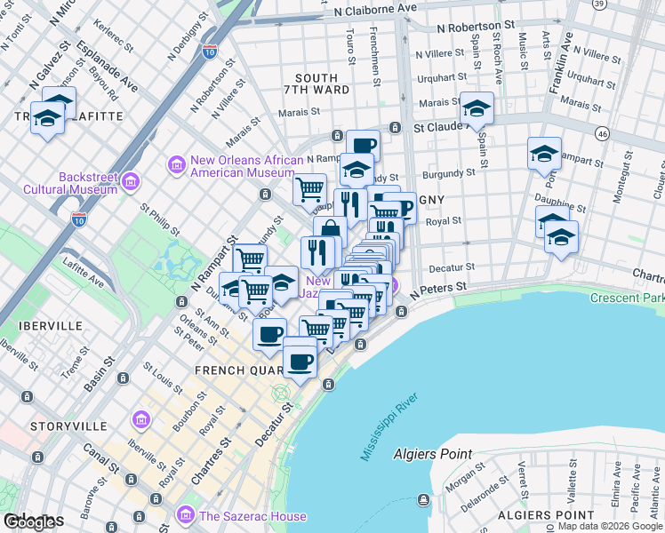 map of restaurants, bars, coffee shops, grocery stores, and more near Royal St & Barracks St in New Orleans