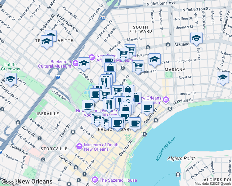 map of restaurants, bars, coffee shops, grocery stores, and more near 1022 Burgundy Street in New Orleans