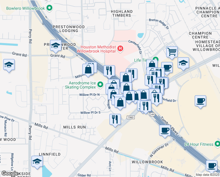 map of restaurants, bars, coffee shops, grocery stores, and more near 12974 Willow Chase Dr in Houston