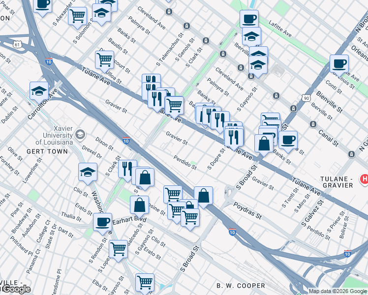map of restaurants, bars, coffee shops, grocery stores, and more near 716 South Lopez Street in New Orleans