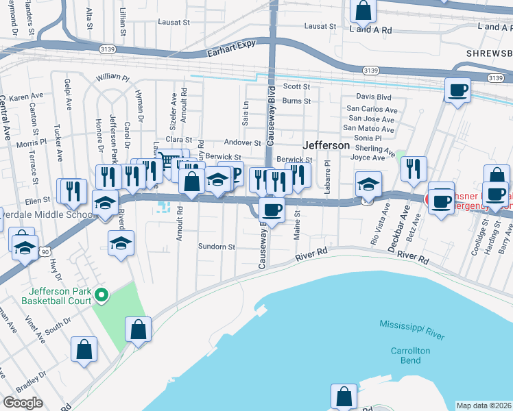 map of restaurants, bars, coffee shops, grocery stores, and more near 3214 Jefferson Highway in Jefferson