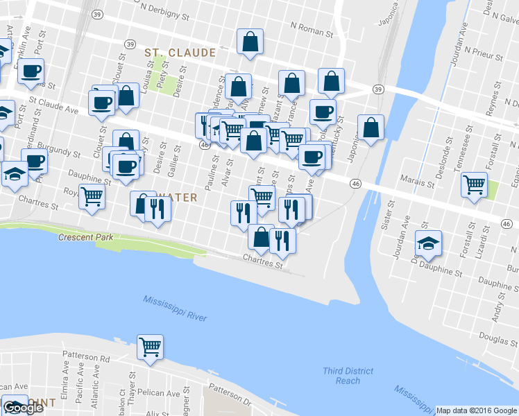map of restaurants, bars, coffee shops, grocery stores, and more near 820 France Street in New Orleans