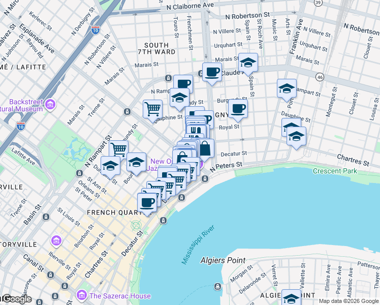 map of restaurants, bars, coffee shops, grocery stores, and more near in New Orleans