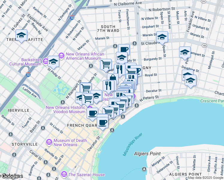 map of restaurants, bars, coffee shops, grocery stores, and more near 623 Barracks Street in New Orleans