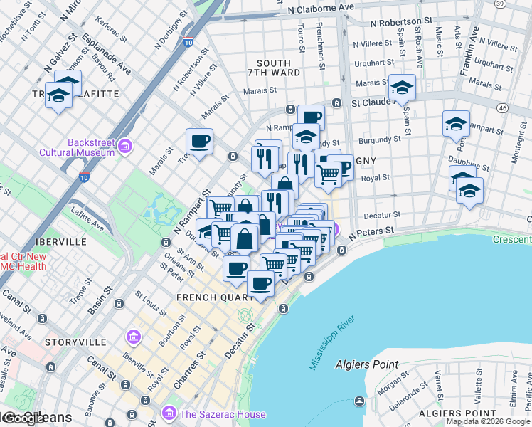 map of restaurants, bars, coffee shops, grocery stores, and more near in New Orleans