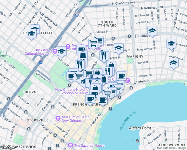 map of restaurants, bars, coffee shops, grocery stores, and more near 825 Ursulines Avenue in New Orleans