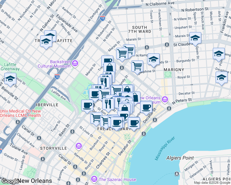 map of restaurants, bars, coffee shops, grocery stores, and more near 1022 Burgundy Street in New Orleans