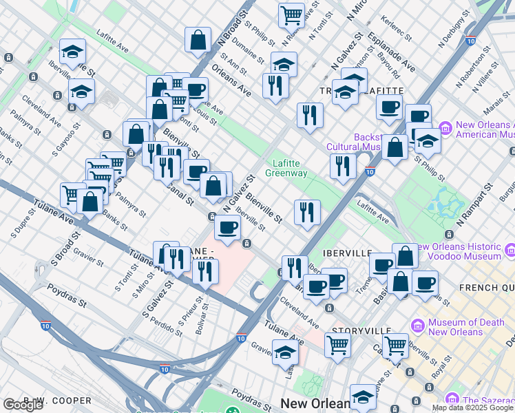 map of restaurants, bars, coffee shops, grocery stores, and more near 2010 Bienville Street in New Orleans