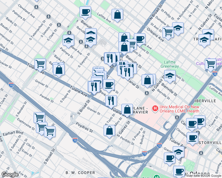 map of restaurants, bars, coffee shops, grocery stores, and more near 2525 Palmyra Street in New Orleans