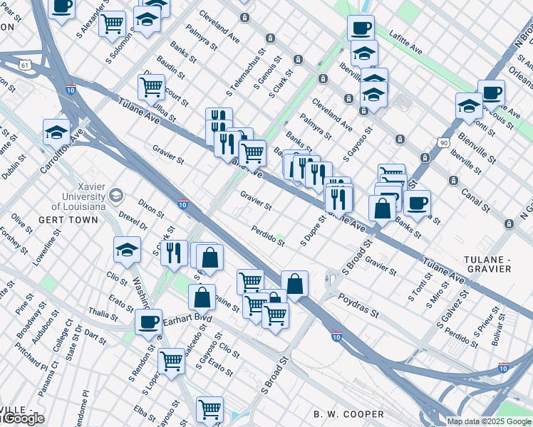 map of restaurants, bars, coffee shops, grocery stores, and more near 723 South Lopez Street in New Orleans
