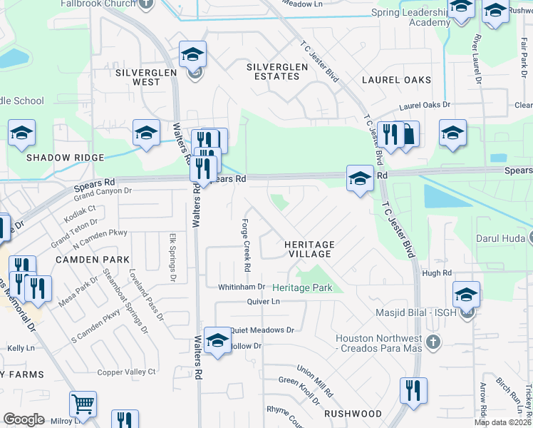 map of restaurants, bars, coffee shops, grocery stores, and more near 12163 Swords Creek Road in Houston