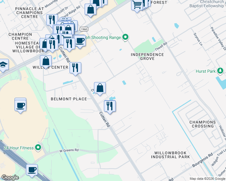 map of restaurants, bars, coffee shops, grocery stores, and more near 12446 Cutten Rd in Houston