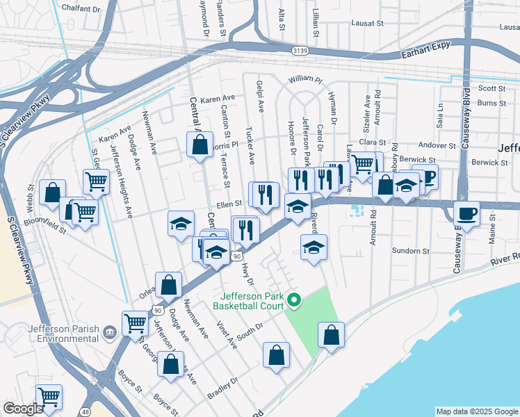 map of restaurants, bars, coffee shops, grocery stores, and more near 1104 Moisant Drive in Jefferson