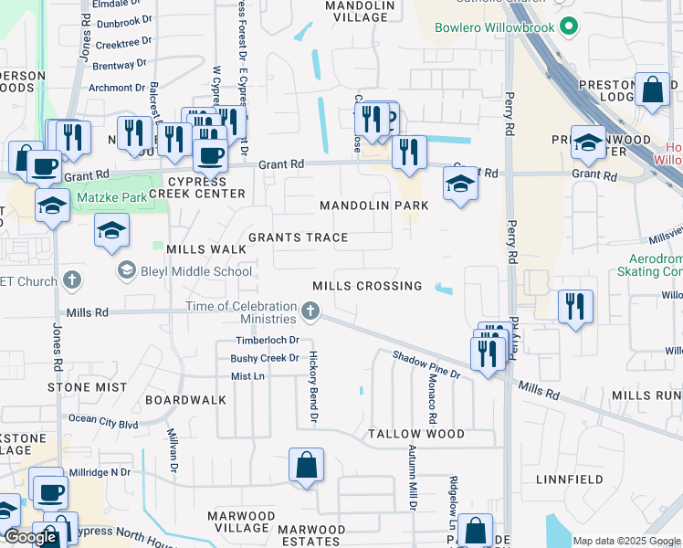 map of restaurants, bars, coffee shops, grocery stores, and more near 12835 Mills Breeze Drive in Houston