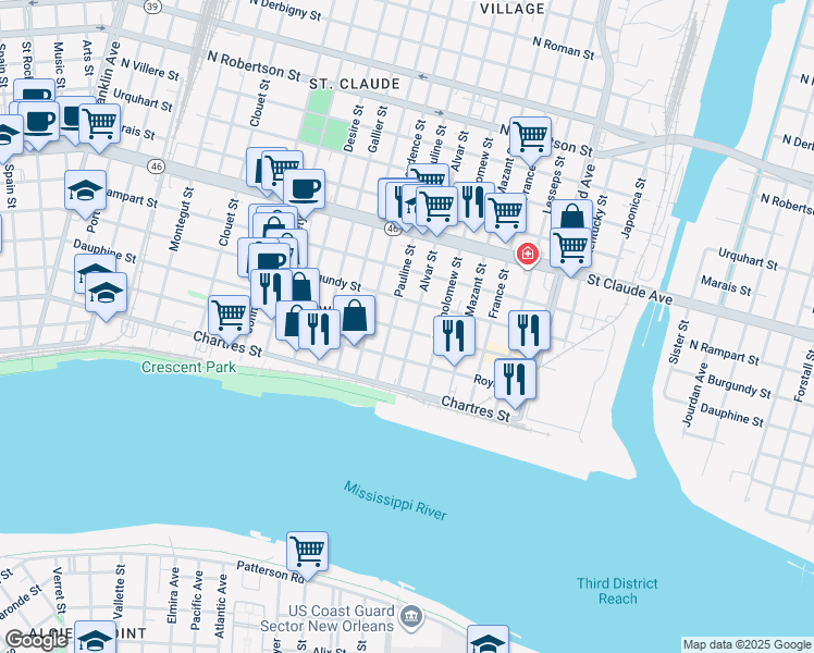 map of restaurants, bars, coffee shops, grocery stores, and more near 3823 Dauphine Street in New Orleans
