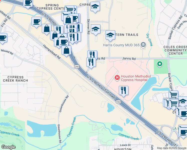 map of restaurants, bars, coffee shops, grocery stores, and more near 25202 Northwest Freeway in Cypress