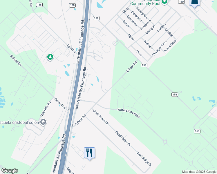 map of restaurants, bars, coffee shops, grocery stores, and more near 6605 East Post Road in Kyle