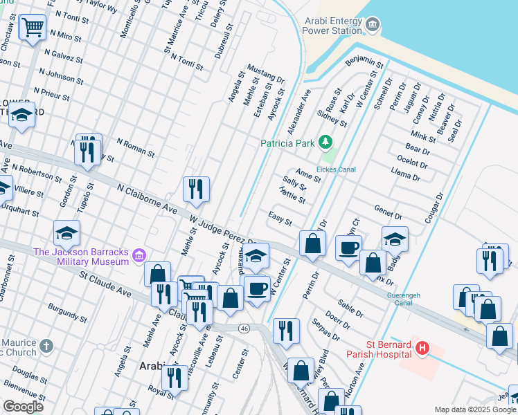 map of restaurants, bars, coffee shops, grocery stores, and more near 7212 Prosperity Street in Arabi