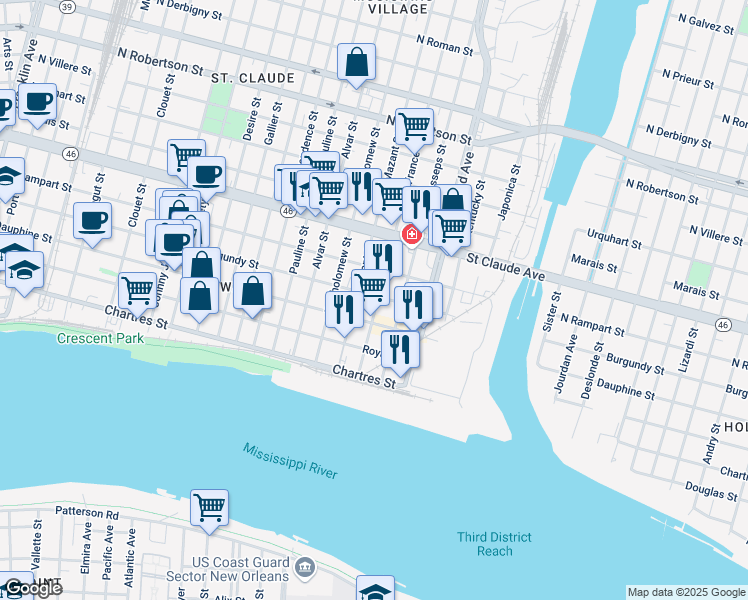 map of restaurants, bars, coffee shops, grocery stores, and more near 820 France Street in New Orleans