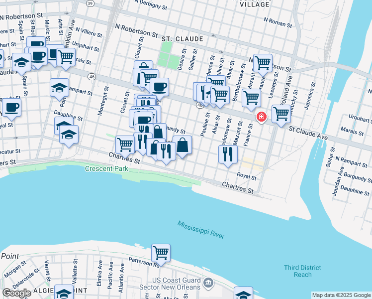 map of restaurants, bars, coffee shops, grocery stores, and more near 715 Independence Street in New Orleans