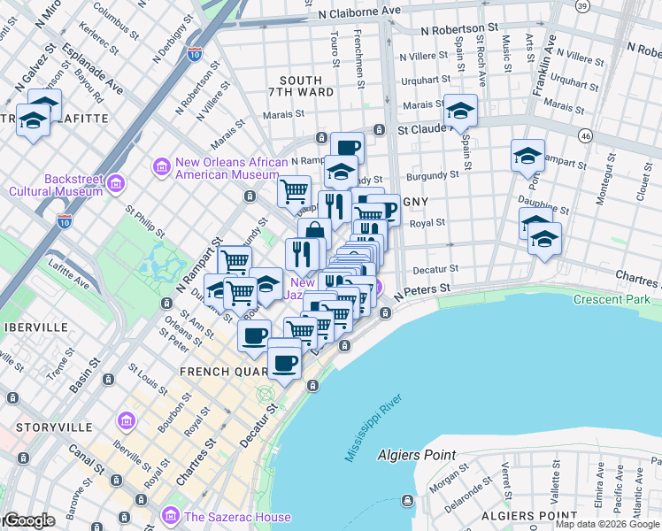 map of restaurants, bars, coffee shops, grocery stores, and more near 623 Barracks Street in New Orleans
