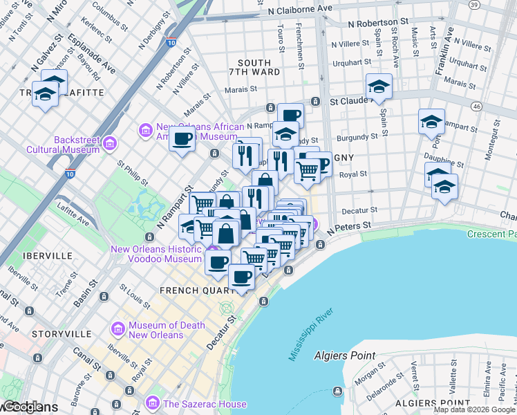 map of restaurants, bars, coffee shops, grocery stores, and more near 721 Governor Nicholls Street in New Orleans