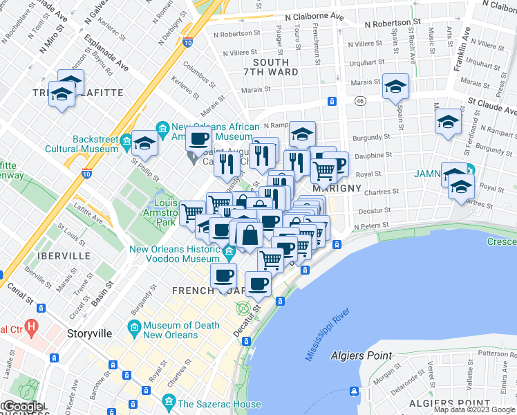 map of restaurants, bars, coffee shops, grocery stores, and more near in New Orleans