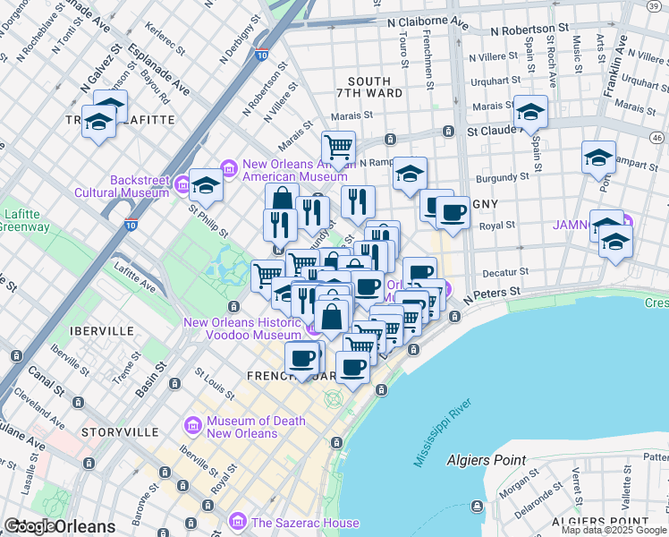 map of restaurants, bars, coffee shops, grocery stores, and more near 825 Ursulines Avenue in New Orleans