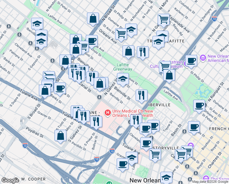 map of restaurants, bars, coffee shops, grocery stores, and more near 2112 Iberville Street in New Orleans